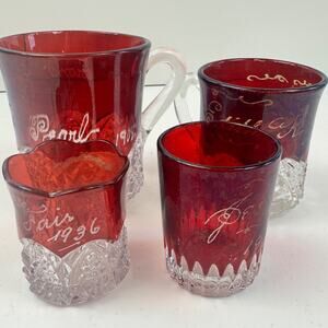 Antique Ruby Flash Souvenir Glass Lot of 4 - Names Dates Early 1900s, State Fair